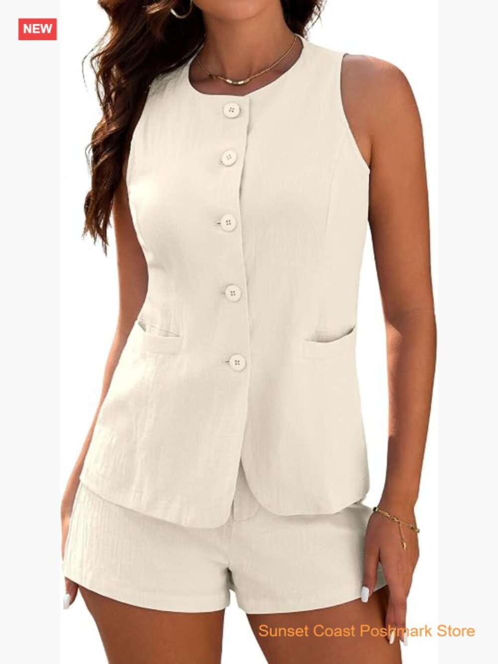 Sleeveless Button Down Vest and Shorts Set Business Casual 2 Piece Suit